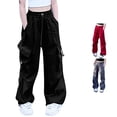 thumbnail image 1 of CUZIBR Girls Solid Color Cargo Pants Elastic Drawstring Waist Big Side Pockets Adjustable Loose Wide Leg Kids Streetwear Trousers,Black,5-6 Years, 1 of 4