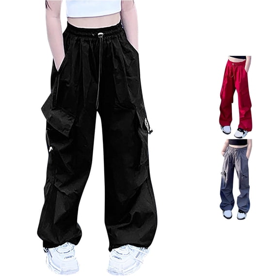 CUZIBR Girls Solid Color Cargo Pants Elastic Drawstring Waist Big Side Pockets Adjustable Loose Wide Leg Kids Streetwear Trousers,Black,5-6 Years