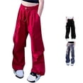thumbnail image 1 of CUZIBR Girls Solid Color Cargo Pants Elastic Drawstring Waist Big Side Pockets Adjustable Loose Wide Leg Kids Streetwear Trousers,Red,11-12 Years, 1 of 4