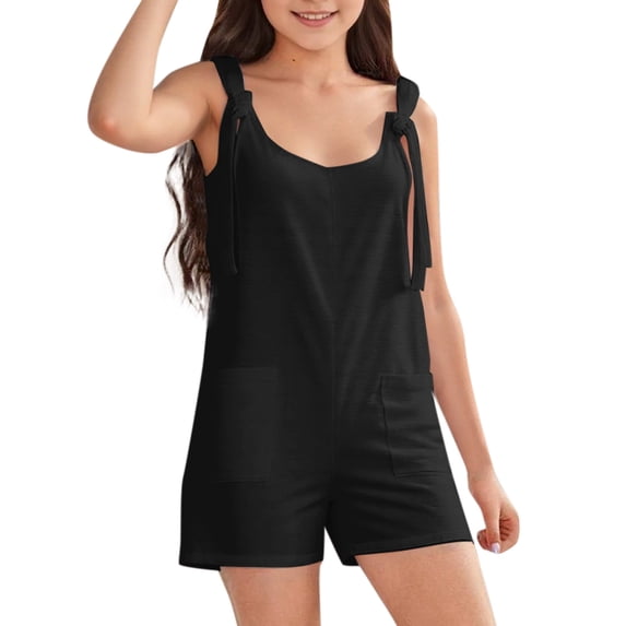 CUZIBR Girls Spring Summer Overall Strap Tie Solid Colored Sleeveless V-Neck Loose Fit Breathable Short Suspender Trousers Short Pants Fashionable Clothes Outfits,Black,5-6 Years