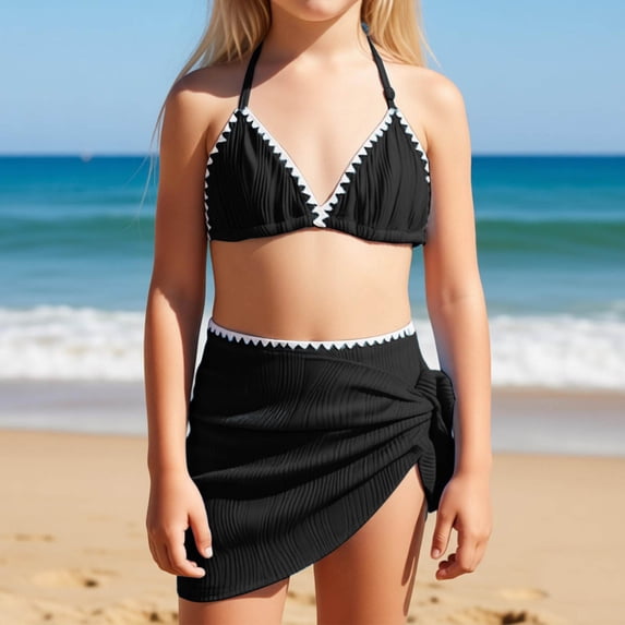 CUZIBR Girls Spring Summer Swimsuits Halter Spaghetti Strap V-Neck Beach Solid Color 3 Piece Bikini Set With Ruffled Tie Side High Waist Cover Up Skirts Stylish Swimwear Bathing Suit,Black,7-8 Years