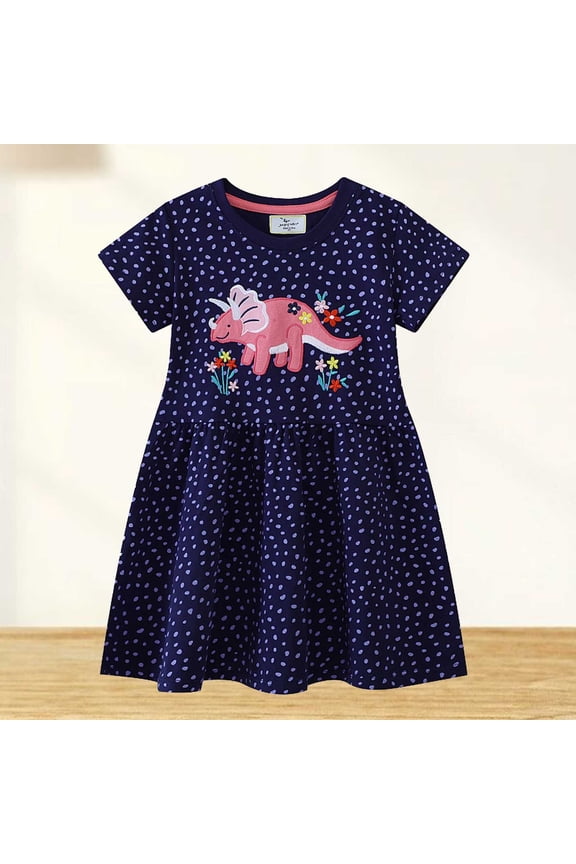 Girls Summer Dresses Cartoon Dinosaur Print Embroidery Short Sleeve Round Neck Polka Dot Princess Dress Casual Loose Fit Relaxed Cozy Spring Dailywear Easter Dress,Blue,3-4 Years