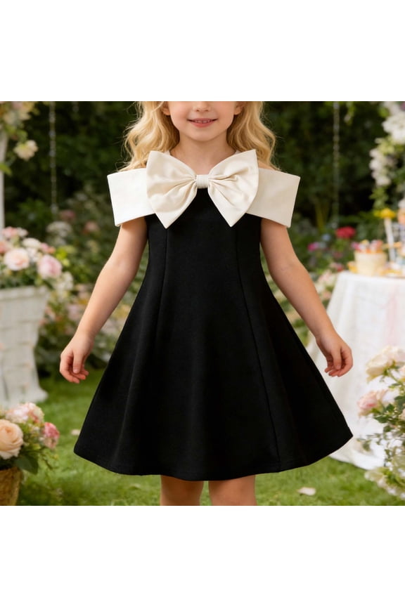 Girls Summer Formal Elegant Dress A-Line Sleeveless Cute Bow Off The Shoulder High Waist Comfortable Party Birthday Wedding Tutu Gown Midi Dresses Flowy Skater Dress,Black,2-3 Years