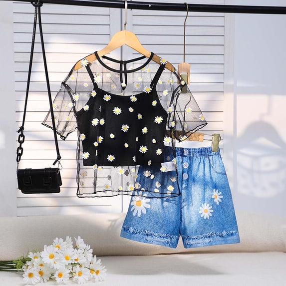 CUZIBR Girls Summer Outfit Floral Print Short Sleeve Round Neck Mesh Sheer Top Shirts Solid Color Spaghetti Strap Crop Top Camisole Distressed Denim Shorts Beach Streetwear,Black,9-10 Years