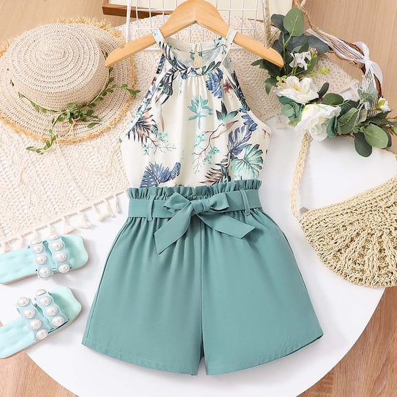 CUZIBR Girls Summer Outfit Floral Print Sleeveless Halter Neck Tan Top Elastic Waist Cute Bow Shorts Two Piece Fashion Cozy Breathable Clothes Set Vacation Dailywear,Sky Blue,12Y