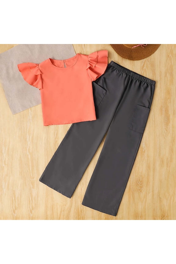 Girls Summer Outfit Ruffles Fly Sleeve Solid Color Round Neck T Shirt High Waist Straight Leg Cargo Pants With Pockets Two Piece able Clothing Set For Toddler Kids,Pink,8-9 Years