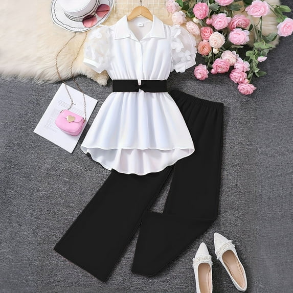 CUZIBR Girls Summer Outfit Solid Color Short Puff Sleeve Button Bown High Low Turndown Collar Shirt Straight Leg Trousers Two Piece Casual Stylish Clothing Set Vacation Dailywear,Black,8-9 Years