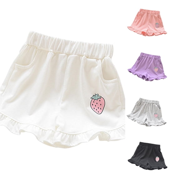 CUZIBR Girls Summer Shorts Casual Elastic Waist Ruffle Hem Shorts With Cute Strawberry Summer Bottoms Casual Pull On Toddler Kids Short Pants Comfy Playwear,White,6-7 Years