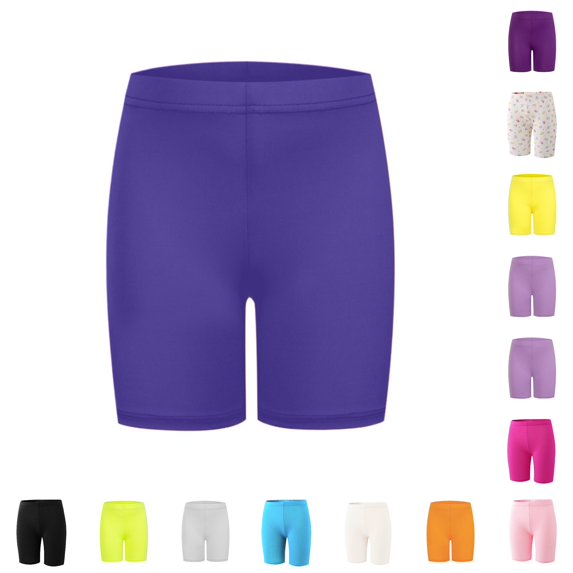 CUZIBR Girls Summer Shorts Stretch Biker Shorts Elastic High Waist Solid Soft Tight Cycling Shorts Workout Gym Running Casual Soft Slim Fit Cozy Layering Bottoms,Dark Purple,5-6 Years