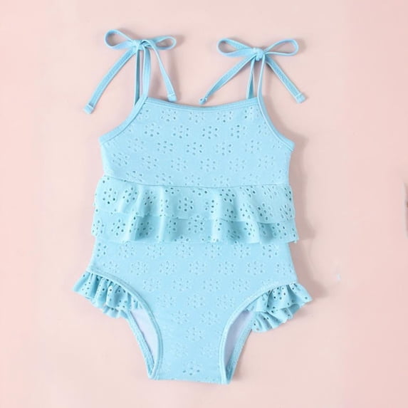CUZIBR Girls Summer Swimwear One-Piece Swimsuit Bow Strap Square Collar Solid Color Ruffles Hollow Out Fashionable Lace Trim Bodysuit Bathing Suit Baby Toddler Beachwear,Blue,9-12 Months
