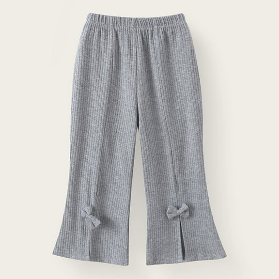 CUZIBR Girls Sweatpants Ribbed Knit Flared Pants Cute Bow Solid Stretchy Soft Elastic Waist Trousers Cozy Stylish Warm For Sports Everyday Activities,Grey,7-8 Years