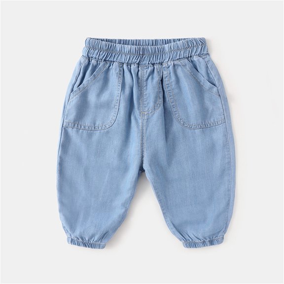 CUZIBR Girls Sweatpants Spring Summer Thin Jeans Joggers Wide Leg Trousers Tie Elastic Breathable Ankle-Tied Pants Casual Soft Dailywear,Light Blue,18-24 Months