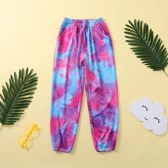 CUZIBR Girls Sweatpants Tie Dye Elastic Waist Ankle-Tied Trouser Pants Wide Leg Relaxed Cozy Long Pant With Pockets Leisure Casual Trousers,Purple,9-10 Years