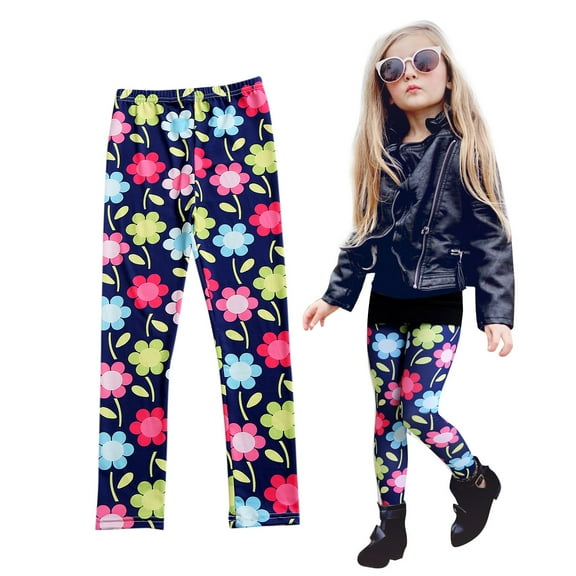 CUZIBR Girls Sweatpants Velvet Fuzzy Thick Lined Thermal Cartoon Floral Print Striped Leggings Trousers Winter Warm Stretchy Soft High Waist Tights Loose Joggers Trousers,Dark Blue,7-8 Years