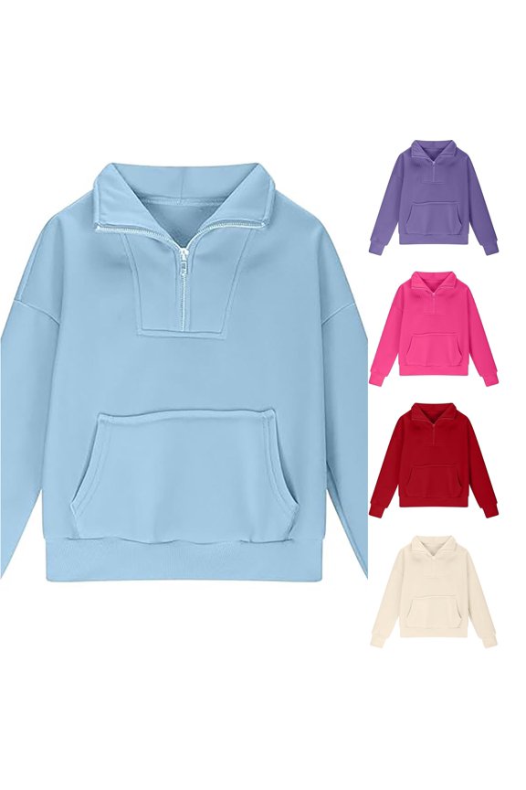 Girls Sweatshirt Quarter Zip Solid Color Stand Collar Front Pocket Oversized Long Sleeve Soft Relaxed Loose Pullover Top Casual Back To School Comfy Fall Clothes,Light Blue-a,5-6 Years
