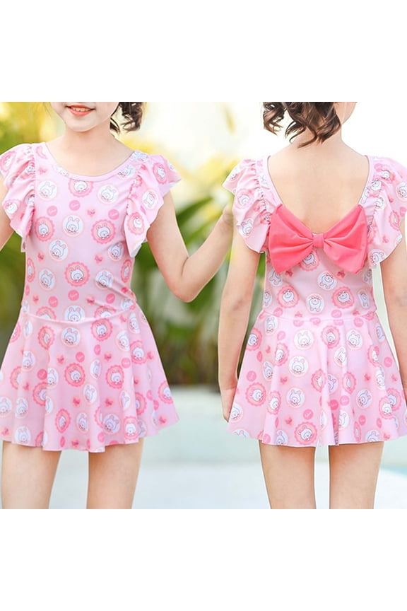 Girls Swim Dress One-Piece Swimsuit Ruffles Sleeveless Round Neck Floral Print High Waist A-Line Dresses Upf 50+ Bathing Suit Beach Pool Vacation Clothes Sets Beachwear,Red,L