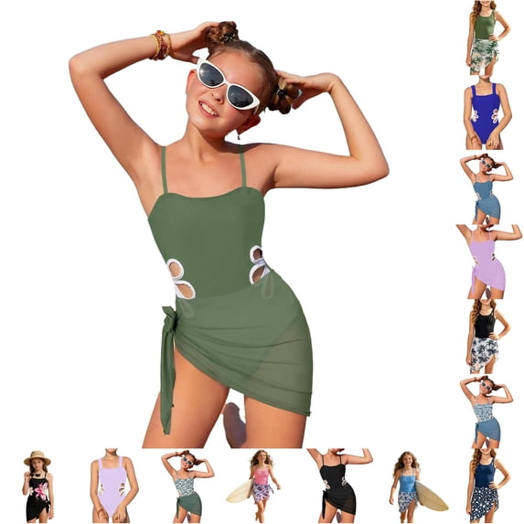 CUZIBR Girls Swimsuit Adjustable Straps Solid Color Square Collar Backless Cutout Waist Onesie Bikini Bathing Suit With Cover Up Skirts Summer Swimwear For Big Kids Youth,Army Green-C,11-12 Years