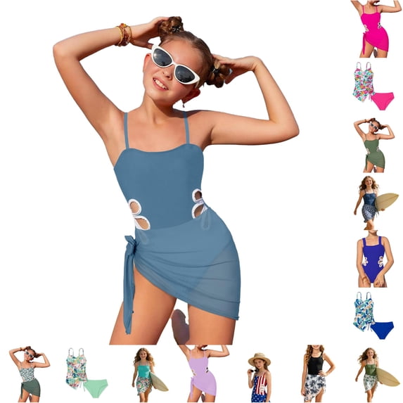 CUZIBR Girls Swimsuit Adjustable Straps Solid Color Square Collar Backless Cutout Waist Onesie Bikini Bathing Suit With Tie Side Cover Up Skirts Summer Swimwear For Big Kids Youth,Navy-C,11-12 Years