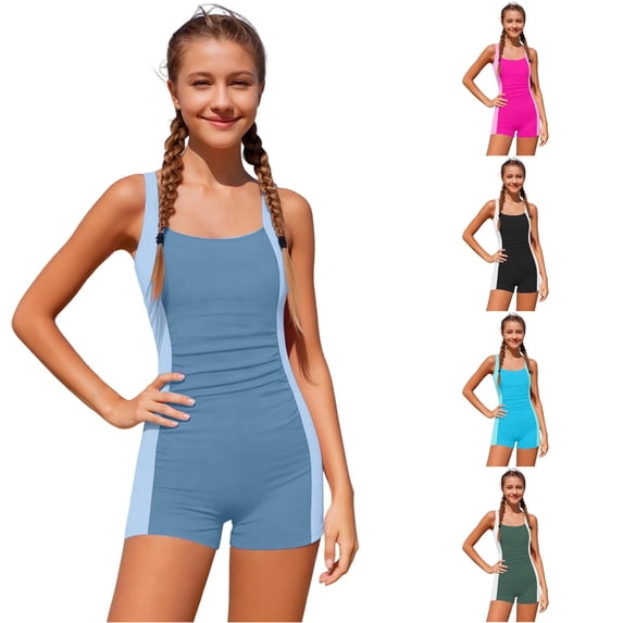 CUZIBR Girls Swimsuit Color Block One Piece Wide Strap Ruffle Removable Soft Cup Inserts Swim Short Jumpsuit Beach Bathing Suit,Navy,11-12 Years