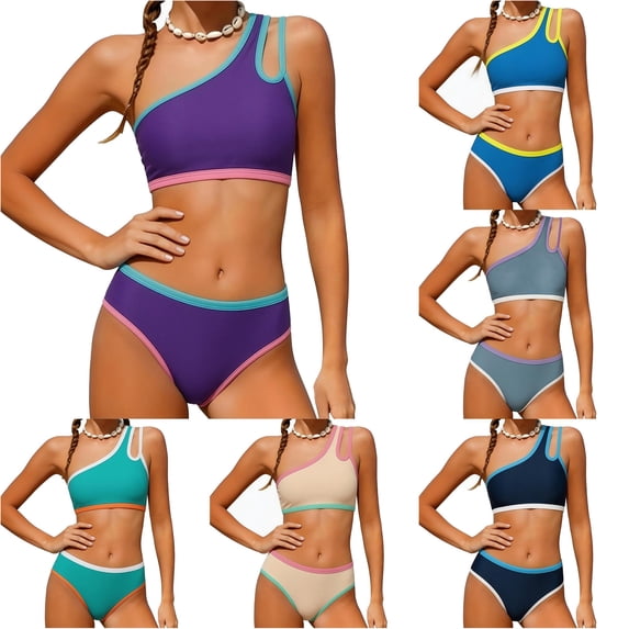 CUZIBR Girls Swimsuit Color Block Swimwear Two Piece One Shoulder Push Up Pads Bikini Sets Swimwear For Big Kids Bathing Suit,Dark Purple,13-14 Years