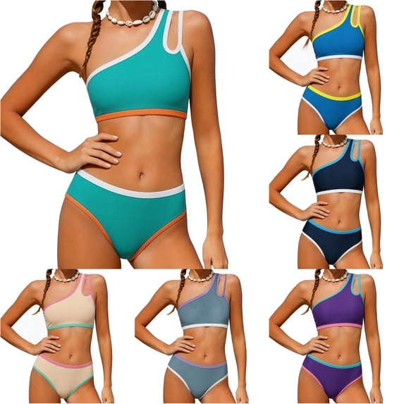CUZIBR Girls Swimsuit Color Block Swimwear Two Piece One Shoulder Push Up Pads Bikini Sets Swimwear For Big Kids Bathing Suit,Green,9-10 Years