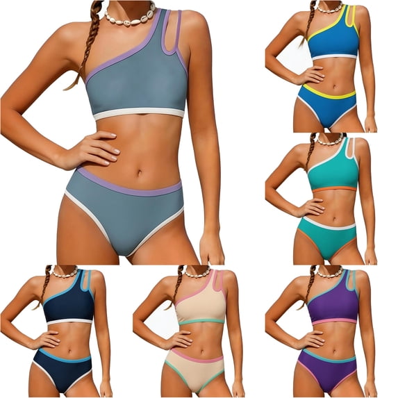 CUZIBR Girls Swimsuit Color Block Swimwear Two Piece One Shoulder Push Up Pads Bikini Sets Swimwear For Big Kids Bathing Suit,Navy,11-12 Years