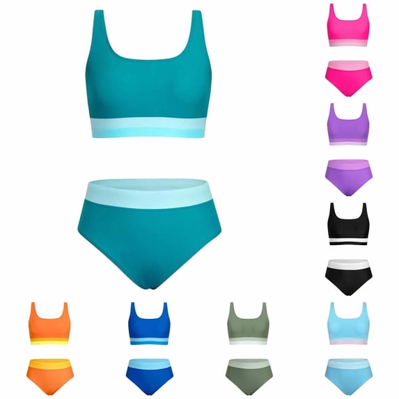 CUZIBR Girls Swimsuit Color Block Two Piece Swimwear For Young Comfortable Stylish Split Beach Pool Bathing Suit,Mint Green,14-15 Years