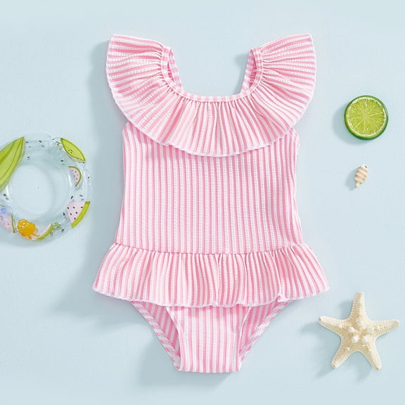 CUZIBR Girls Swimsuit One Piece Swim Wear Rash Guard Stripe Pritn Onesize Bikini Beachwear Ruffled Round Neck Sun Protection Bathing Suit,Pink,12-18 Months