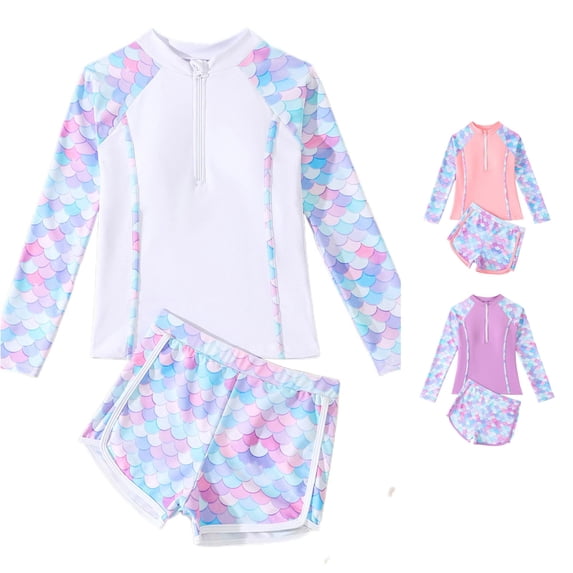 CUZIBR Girls Swimsuit Rash Guard Long Sleeve Two Piece Floral Print Swimwear Comfortable Shirts Shorts Swim Set For Ages 7 11 Bathing Suit,White,9-10 Years