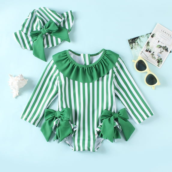 CUZIBR Girls Swimsuit Rash Guard Swim Long Sleeve Cartoon Print Striped Ruffled Patchwork Zipper Up Round Neck Bodysuit With Cute Hat Pool Beach Travel Swimwaer Holiday,Green,3-6 Months