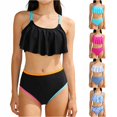 thumbnail image 1 of CUZIBR Girls Swimsuit Solid Color 2 Piece Bikini Ruffled Adjustable Straps Tops Mid Waist Bottom Fashionable Swimwear 7 16 Years Bathing Suit,Black,7-8 Years, 1 of 5
