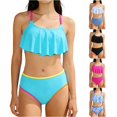 thumbnail image 1 of CUZIBR Girls Swimsuit Solid Color 2 Piece Bikini Ruffled Adjustable Straps Tops Mid Waist Bottom Fashionable Swimwear 7 16 Years Bathing Suit,Sky Blue,9-10 Years, 1 of 4