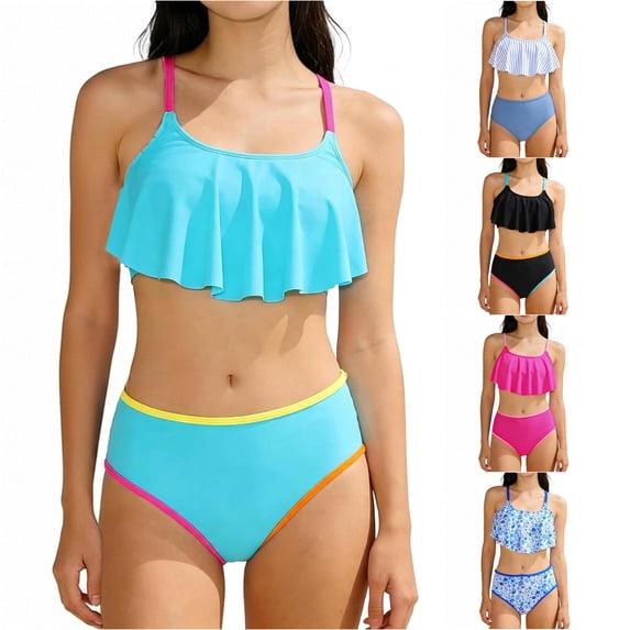 CUZIBR Girls Swimsuit Solid Color 2 Piece Bikini Ruffled Adjustable Straps Tops Mid Waist Bottom Fashionable Swimwear 7 16 Years Bathing Suit,Sky Blue,9-10 Years