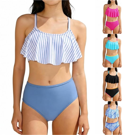 CUZIBR Girls Swimsuit Solid Color 2 Piece Bikini Ruffled Adjustable Straps Tops Mid Waist Bottom Fashionable Swimwear 7 16 Years Bathing Suit,White,6-7 Years