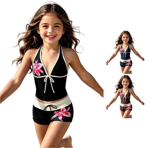 CUZIBR Girls Swimsuit Two Piece Floral Print Summer Sleeveless Halter Neck Beachwear Tank Tops And Shorts Tankini Sets Bathing Suit,Black,9-10 Years