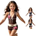 thumbnail image 1 of CUZIBR Girls Swimsuit Two Piece Floral Print Summer Sleeveless Halter Neck Beachwear Tank Tops And Shorts Tankini Sets Bathing Suit,Coffee,11-12 Years, 1 of 7