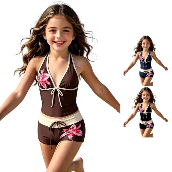 CUZIBR Girls Swimsuit Two Piece Floral Print Summer Sleeveless Halter Neck Beachwear Tank Tops And Shorts Tankini Sets Bathing Suit,Coffee,11-12 Years