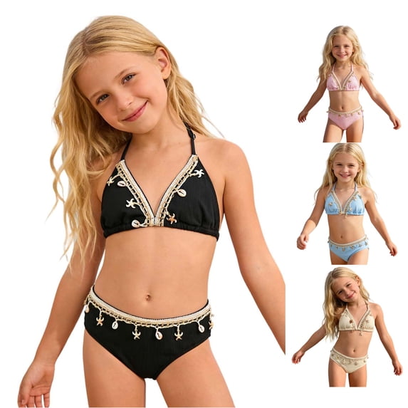 CUZIBR Girls Swimsuit Two Piece Solid Color Bikini Set Adjustable Spaghetti Strap Tops And Bottom Swimwear For Ages 7 Bathing Suit,Black,7-8 Years