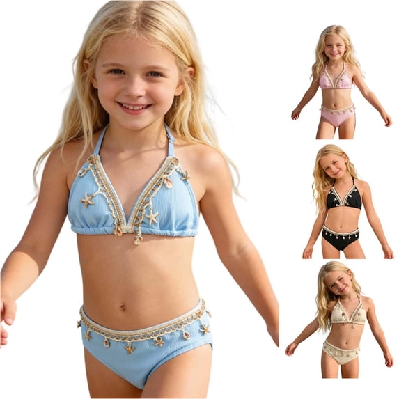 CUZIBR Girls Swimsuit Two Piece Solid Color Bikini Set Adjustable Spaghetti Strap Tops And Bottom Swimwear For Ages 7 Bathing Suit,Blue,7-8 Years