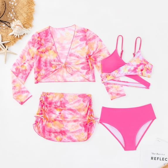 CUZIBR Girls' Swimsuits 4 Piece Swimsuit Sport Front Cross Tops Bra High Waist Bottoms Bikini Sets With Long Sleeve Cover Up Cardigan Skirts Tie Dye Print Swimwear Outfits Bathing Suit,Pink,8-9 Years