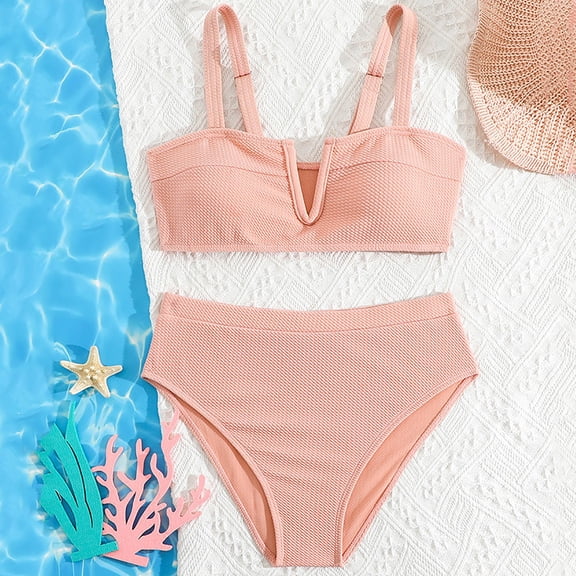 CUZIBR Girls Swimsuits Bikini Set 2 Piece Solid Color Adjustable Strap Top Bathing Suit High Waist Bottoms Fashion Swimwear Summer Beach Pool Breathable Beachwear,Red,10-11 Years
