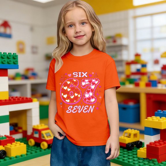 CUZIBR Girls T Shirts 67 Shirt Love Heart Letter Print Casual Short Sleeve T-Shirt Round Neck Loose Fit Comfortable Playwear Cute Trendy Tops ,Orange,3-4 Years