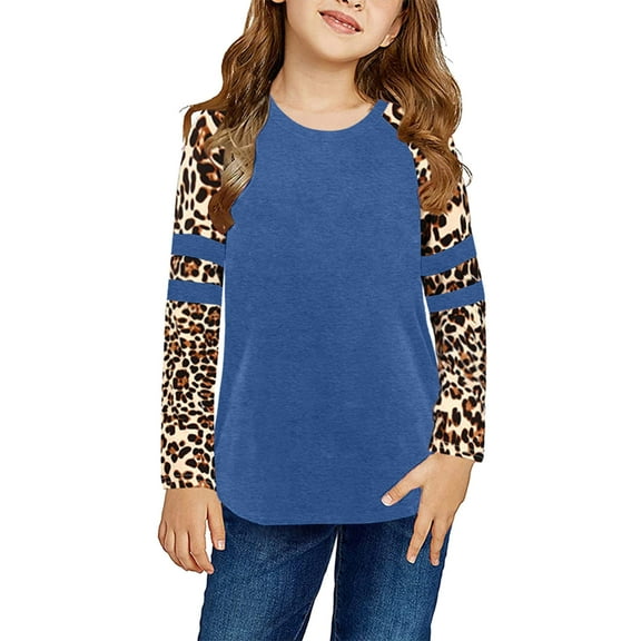 CUZIBR Girls T Shirts Striped Leopard Long Sleeve Tunic Solid T-Shirt Loose Leisure Sweatshirt Crewneck Pullover Blouse Fashion Soft Fall Clothes,Blue,4-5 Years