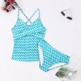 thumbnail image 1 of CUZIBR Girls Tankini Swimsuits Cross Adjustable Spaghetti Strap Striped Print V-Neck Ruched Tank Tops And High Waist Bottoms Swimwear Summer Beach Sport Stylish Bathing Suits,Sky Blue,13-14 Years, 1 of 3