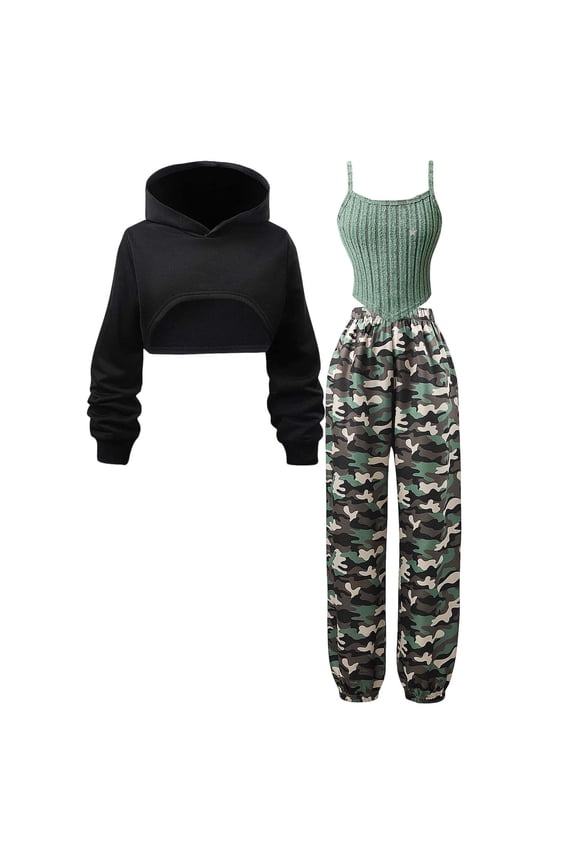 Girls Teen 3 Piece Camo Outfit Solid Long Sleeve Hooded Sweatshirt Spaghetti Strap Ribbed Irregular Hem Tan Top And Camouflage Print Cargo Pants Casual Streetwear For Youth,Black,9-10 Years