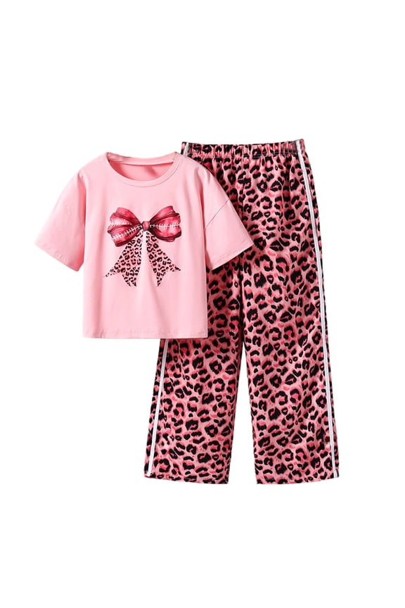 Girls Kids Summer Outfit Fashion Leopard Print Cute Bow Short Sleeve Crewneck Shirt Top Straight Leg Long Pants Two Piece Sets Loose Fit Fashionable Cozy Daily Wear,Pink,4-5 Years