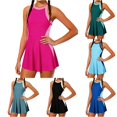 thumbnail image 1 of CUZIBR Girls Swimsuits One Piece Sleeveless Round Neck Color Block Swim Dress Bathing Suit Adjustable Strap Backless Fashionable Summer Quick Dry Beach Swimwear,Hot Pink,15-16 Years, 1 of 5