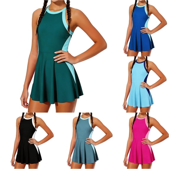 CUZIBR Girls Swimsuits One Piece Sleeveless Round Neck Color Block Swim Dress Bathing Suit Adjustable Strap Backless Fashionable Summer Quick Dry Beach Swimwear,Dark Green,7-8 Years