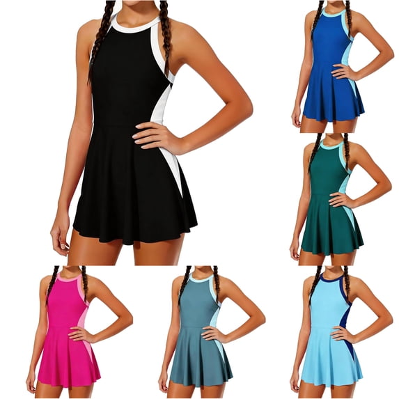 CUZIBR Girls Swimsuits One Piece Sleeveless Round Neck Color Block Swim Dress Bathing Suit Adjustable Strap Backless Fashionable Summer Quick Dry Beach Swimwear,Black,11-12 Years