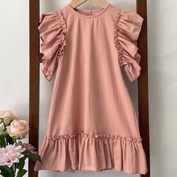 CUZIBR Girls Summer Floral Dresses Large Sized Round Neck Ruffled Sleeveless Loose Fit Relaxed Flowing Breathable Tiered Casual Long Dress Fashionable Lightweight Soft Clothes,Pink,2-3 Years